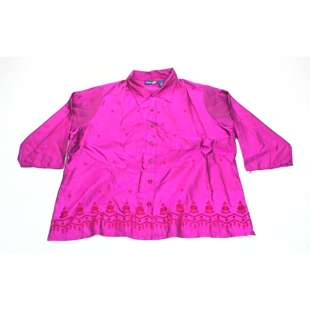 Vintage 90s Venezia Womens 16 100% Silk Blouse Magenta Embroidered Button Up Y2K